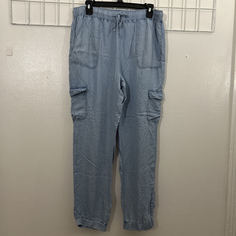 Love‎ Tree Women L Tencel Cargo Pants Blue Chambray Joggers Drawstring 6231